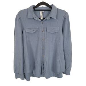 Grace & Karma Button Front Shirt 1x Womens Plus Size Blue Long Sleeve Linen Blen